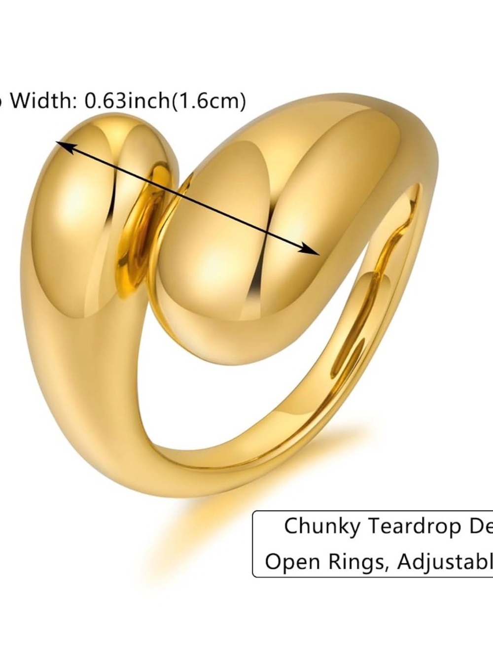 Adjustable Dome Teardrop Ring 18K Gold Plated - Picture 4 of 6